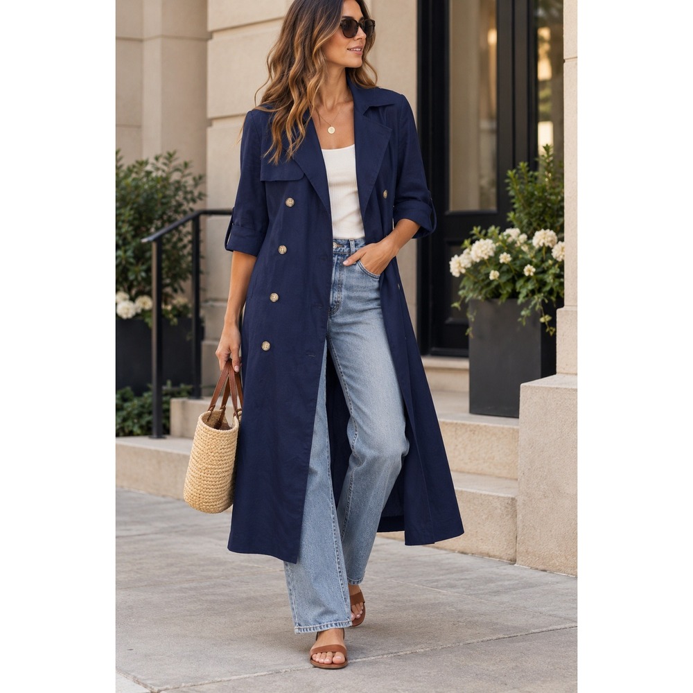 Talbots Petites Navy Blue 100% Linen Double Breasted Trench Coat Duster Size 6P